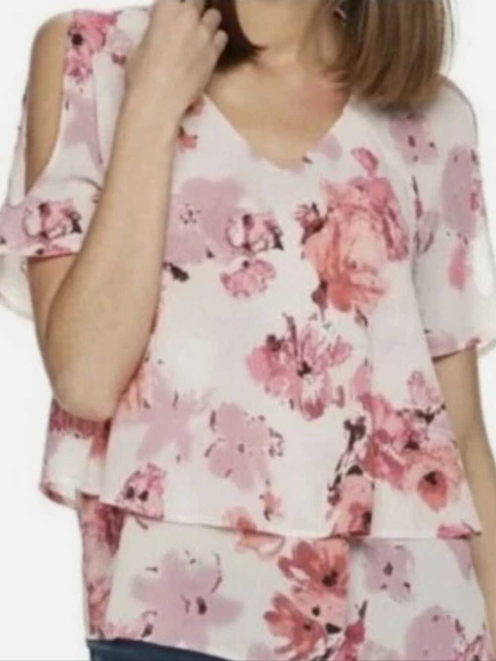 Juicy Couture Pink Floral Cold-Shoulder V-Neck Top. Size M